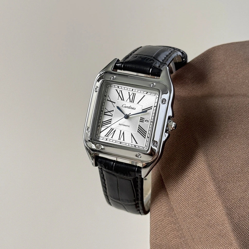 Men's Square Roman Numeral Quartz Watch, Luxury Stainless Steel Case, Black Leather Strap, Automatic Style Wristwatch, Waterproof, Business Dress Watch, Date Display, Elegant Watch, Suitable for Gentlemen's Casual and Formal