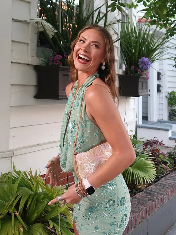 Embroidery Halter Lace Up Mini Dress Women Backless High Waist Flower Fashion Vacation Dresses 2025 Summer Chic Party Robe