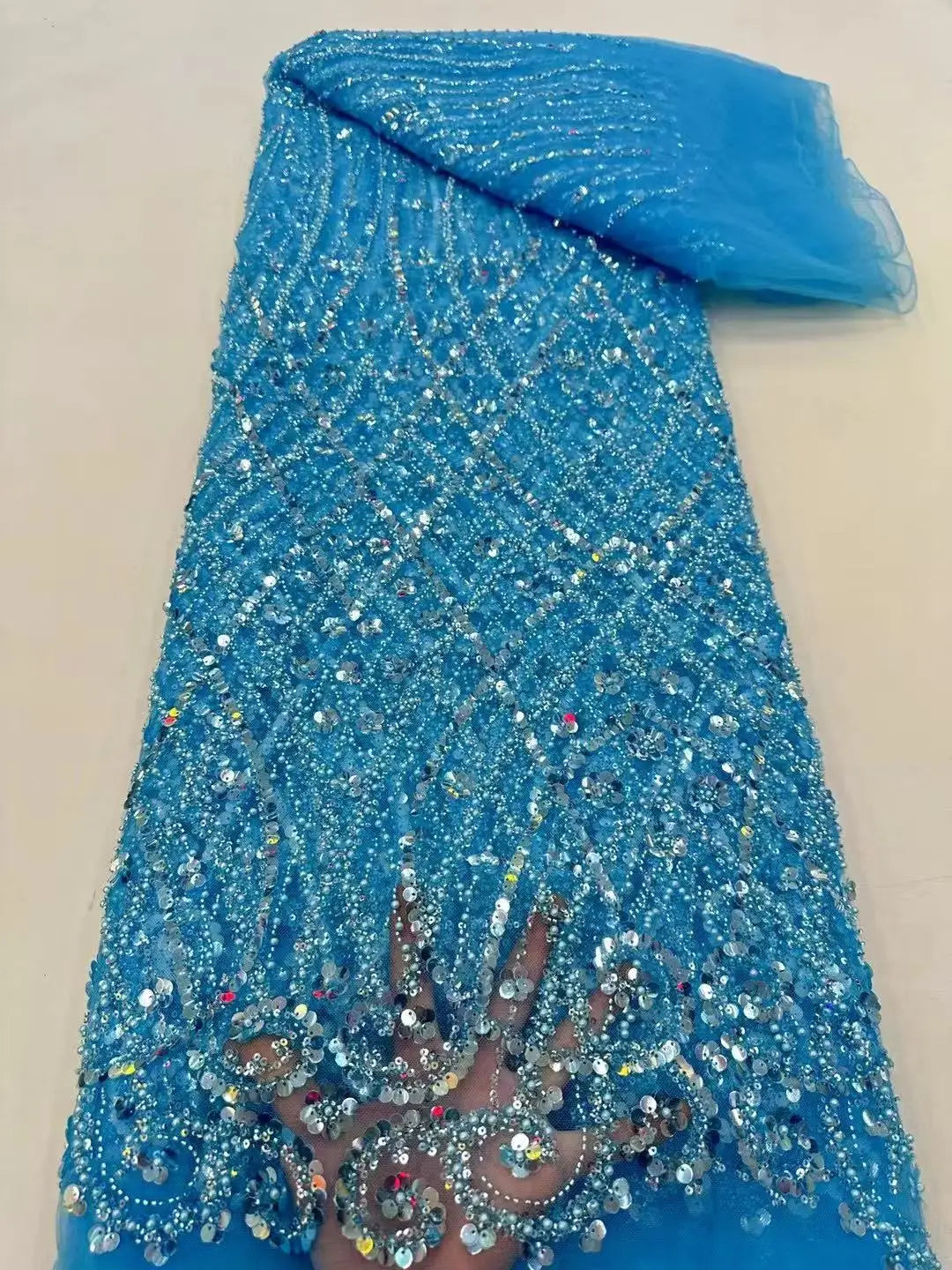 African Sequins Lace Fabrics Fashion Nigerian Embroidery Beaded Tulle Lace Fabric High Quality For Sewing Cloth Party Dress