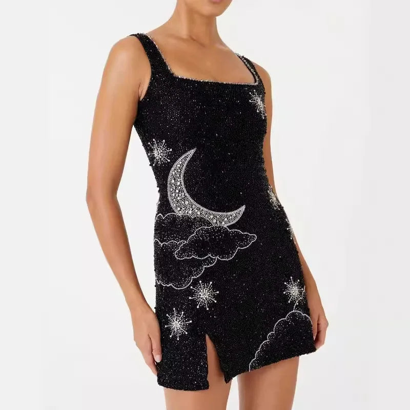 New Fashion Sexy Sleeveless U-neck Embroidered Sequin Slim Fit Slit Spaghetti Strap Dress For Women