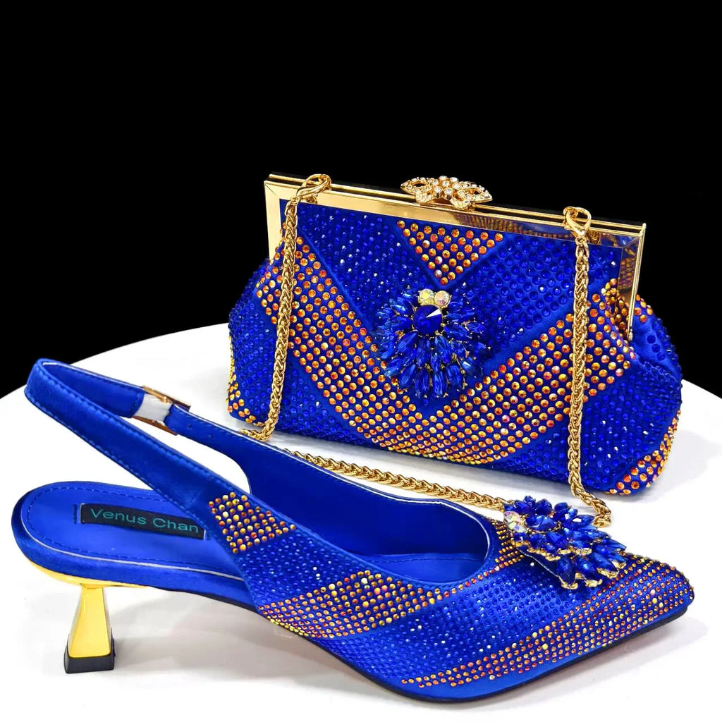 2024 Italian Design Rhinestone Luxury Wine Colour Pointed Toe Shoe & Bag Set Women's High Heels for Parties By Venus Chan