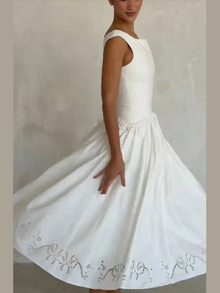Chic Vintage White Boat Neck Dress Embroidered Cap Sleeve Cutwork Hem High Waist Flowy A-line Gown 2026 New Evening Party Outfit