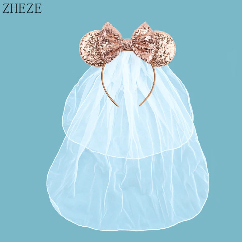 White Day Mouse Ears Headband With Veil Sequins 5"Bow Headwear For Women Festival Hairband Single Party DIY Hair Accessories