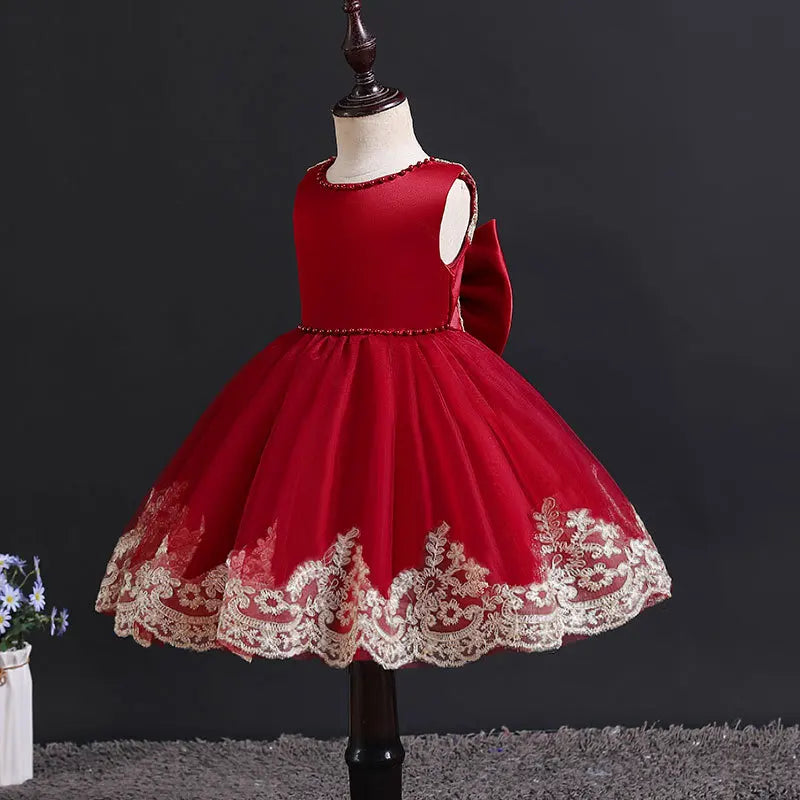 Girl's Dress 2025 New Girl's Embroidered Bow Princess Dress Fashion Open Back Mesh Dress Banquet Performance Evening Dress