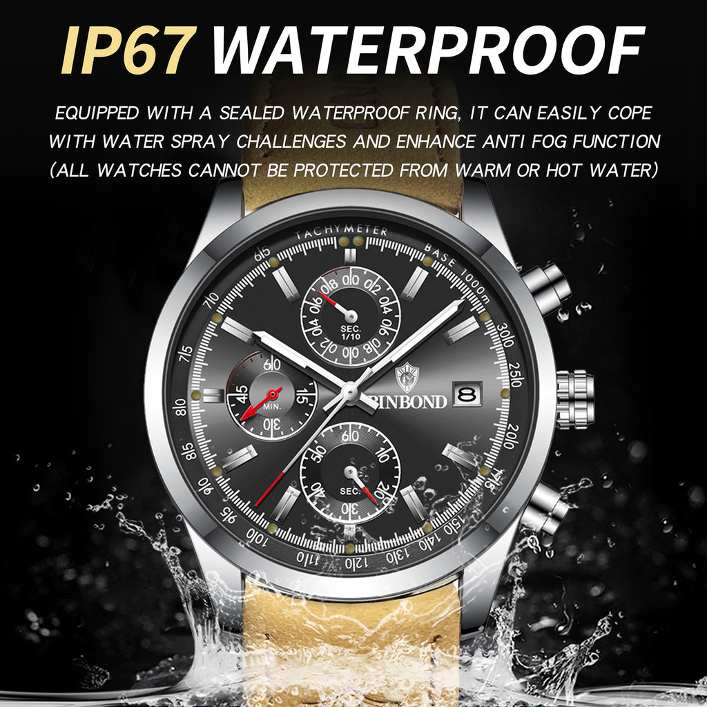 BINBOND Luxury Quartz Wristwatches Luminous Waterproof Auto Date Chronograph Men's Watch Business Sport Watch for Men Reloj
