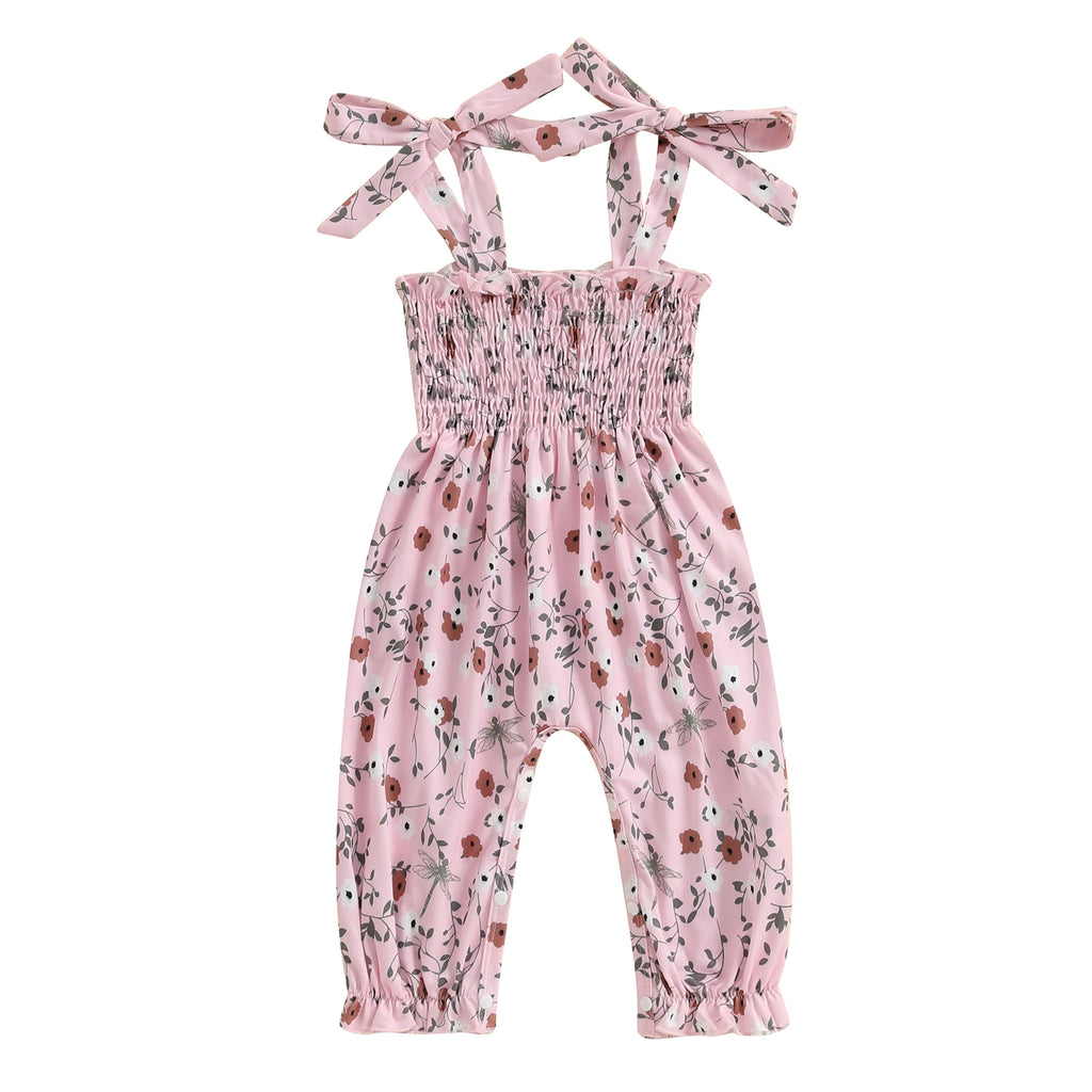 0-24M Baby Girls Floral Jumpsuits Tie-up Suspender Pants Overalls Infant Romper Toddler Summer Clothes 2024 New