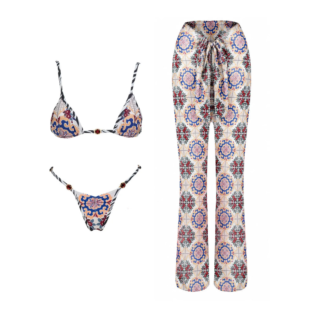 Push Up 2026 New Retro Prints 3 Pieces Bikinis Sets With Mesh Pants Beachwear Sexy Women's Swimsuit Cover-ups Strappy Beach Wear