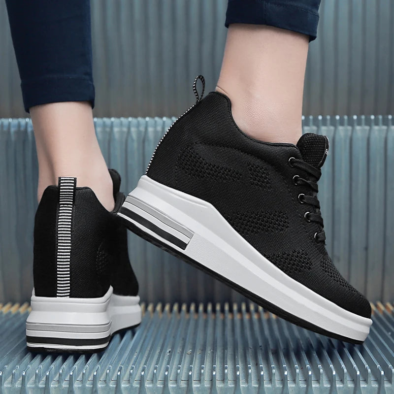 Interior Height Increasing Women Shoes Korean Style White Casual Thick Soled Mesh Flat Shoes Spring Autumn Walking High Heels