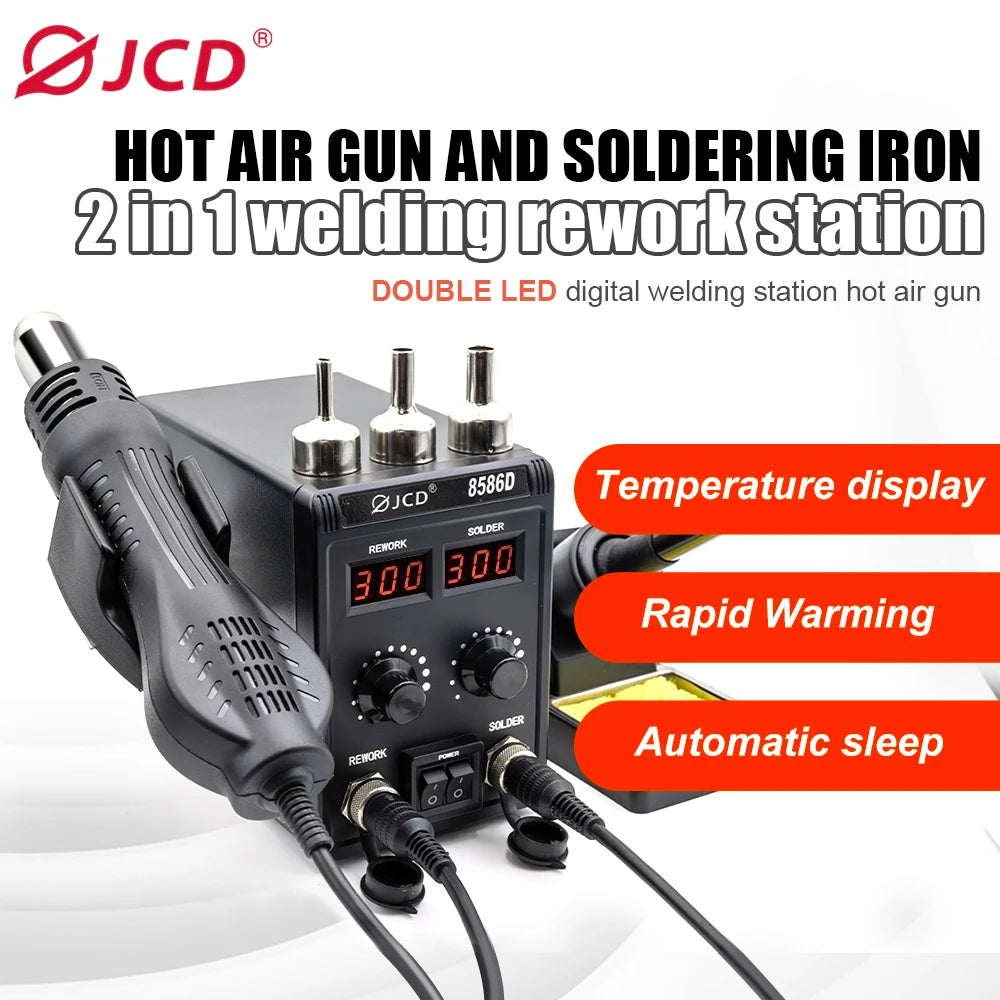 JCD 750W Soldering Station 2 IN 1 Hot Air Gun LCD Dual Digital Display Electric Soldering Iron SMD Welding Rework Station 8586D