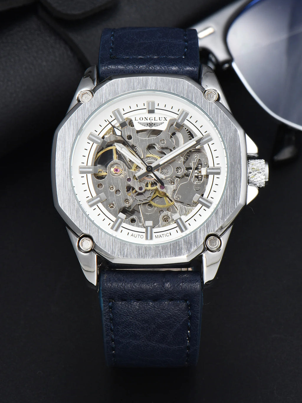 LONGLUX Automatic Watch Sport Style Wholesale Mechanical Wristwatches Fashion Hollow Leather Mens Watch Men Gift