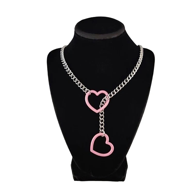 Heart O-ring Slip Chain For Women Punk Rock Necklace Stainless Steel Cuban Long Necklace Trendy Simple Adjustable Y-Necklace