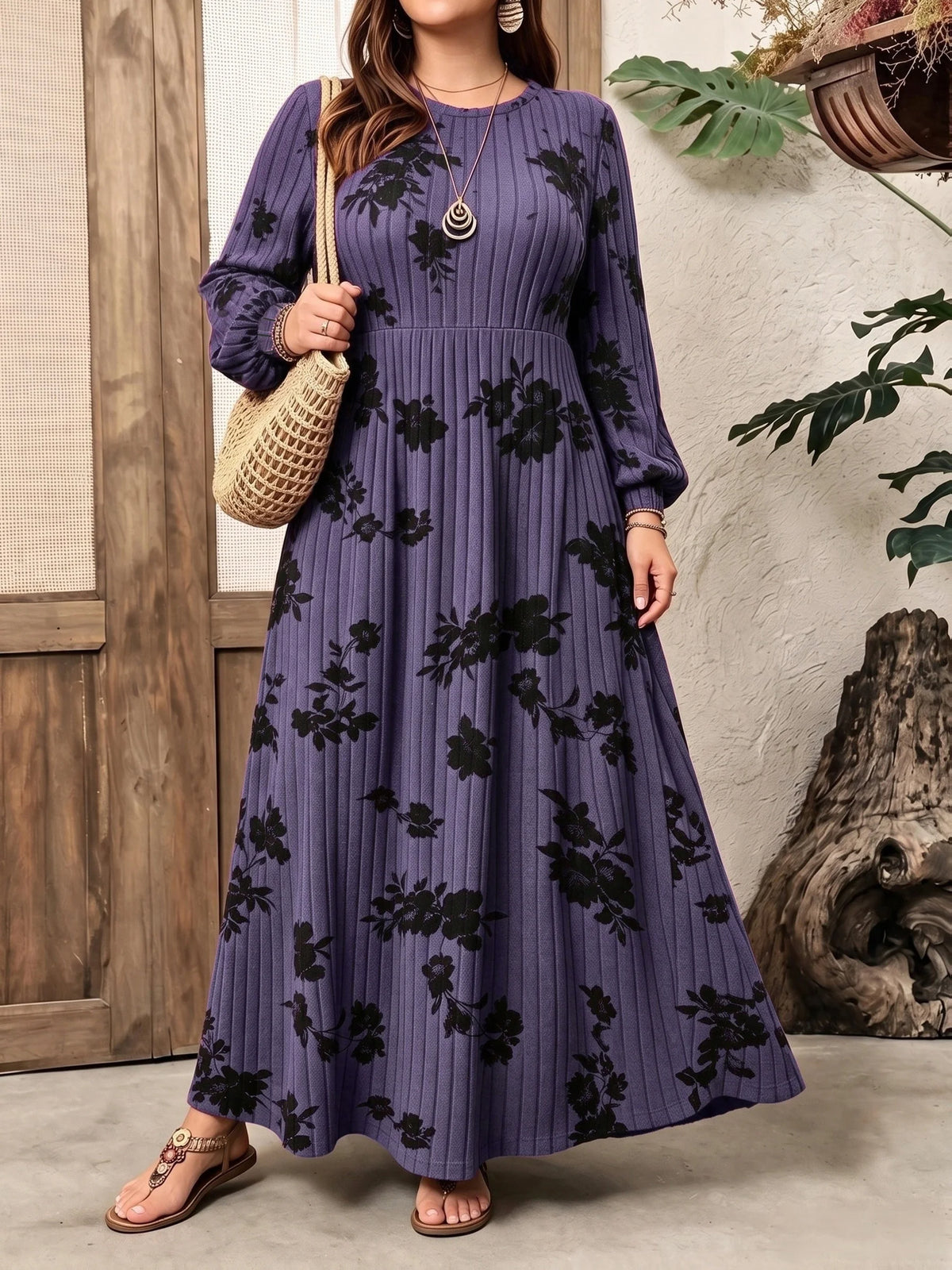 Plus Size Women Floral Print Ribbed Knit Maxi Dress Fall Winter Round Neck Puff Sleeve A Line Casual Long Dress