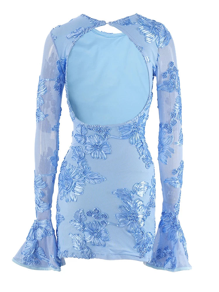 Beyprern Glam Backless Rose Pink Floral Mesh Short Dress Elegant Party Dresses For Women Long Sleeve Embroidered Birthday Dress