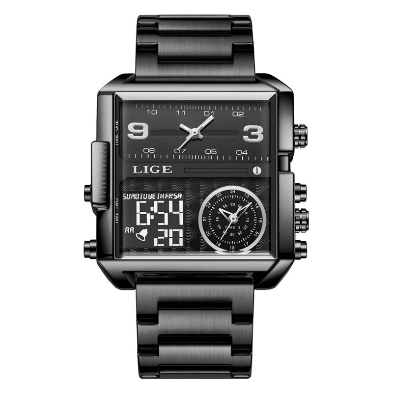 LIGE Luxury Original Men Sports Wrist Watch Gold Quartz Steel Waterproof Dual Display Clock Watches For Men Relogio Masculino