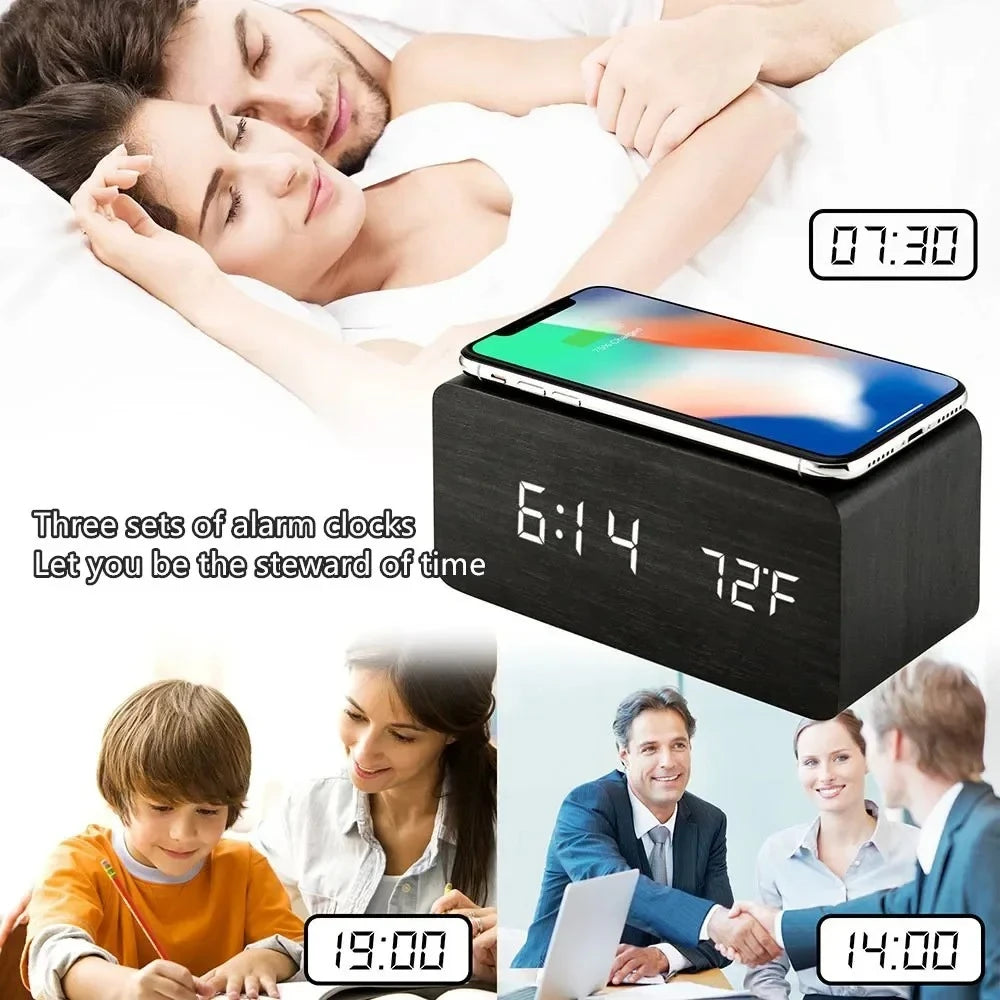 Wooden Digital LED Alarm Clock with Wireless Charging Time Date Temperature Display Desk Bedside Clock for Office