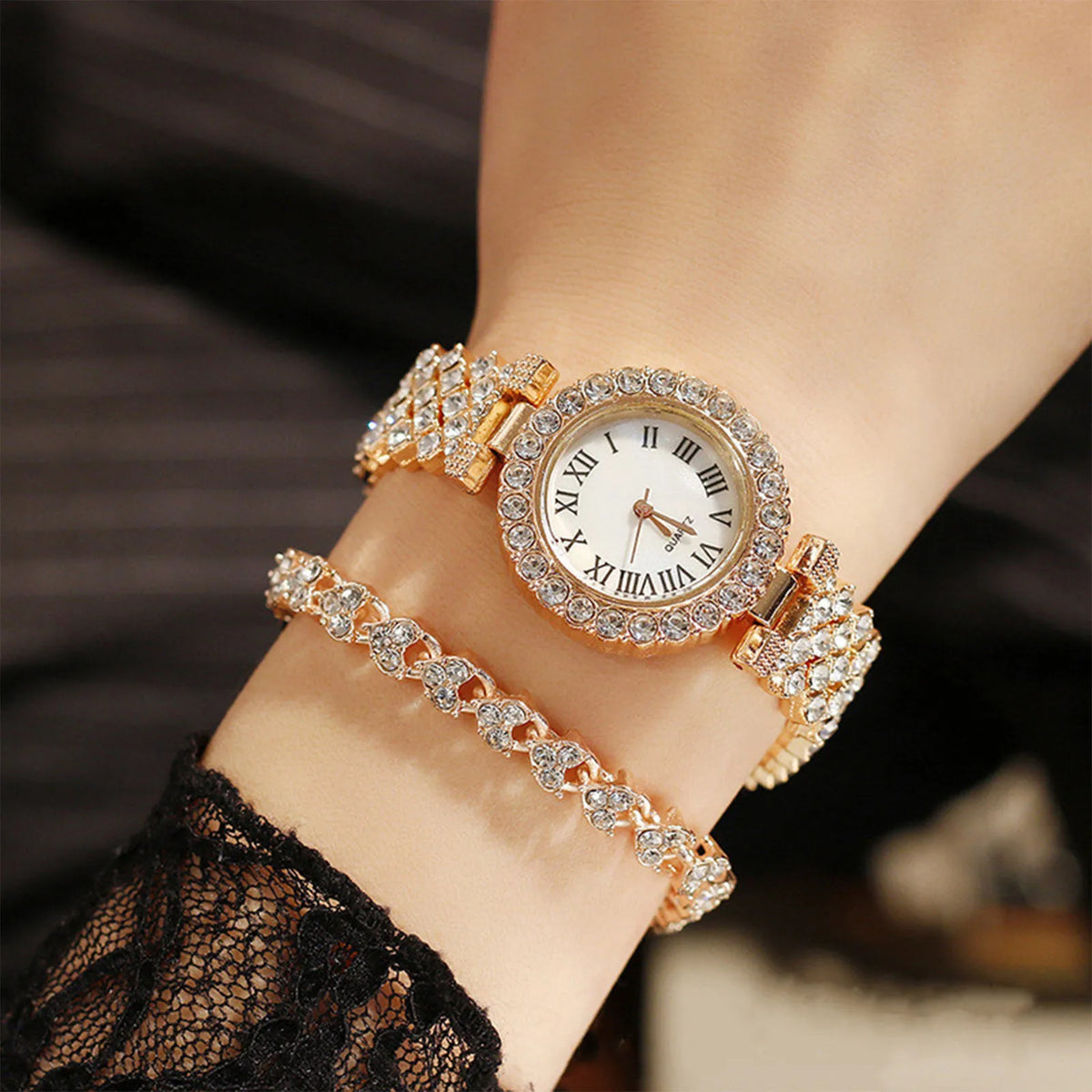 Fashion Women Elagant Watch Casual Simple Steel Strap Quartz Diamond Inlaid Watch Bracelet 2pcs Set Temperament Wearing Style