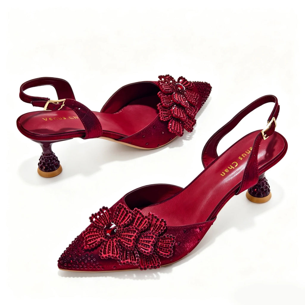 Luxury Women's Satin Slingback Heels with Rhinestone Embellishments & Pointed Toe - Stunning 3D Floral High Heels Ideal
