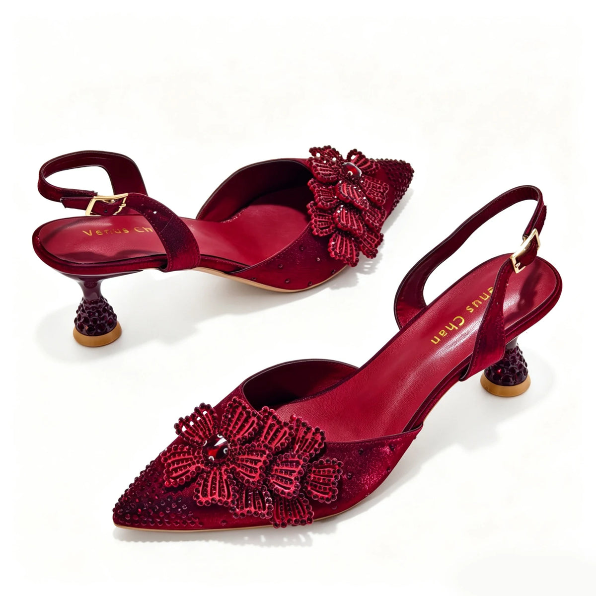 Luxury Women's Satin Slingback Heels with Rhinestone Embellishments & Pointed Toe - Stunning 3D Floral High Heels Ideal