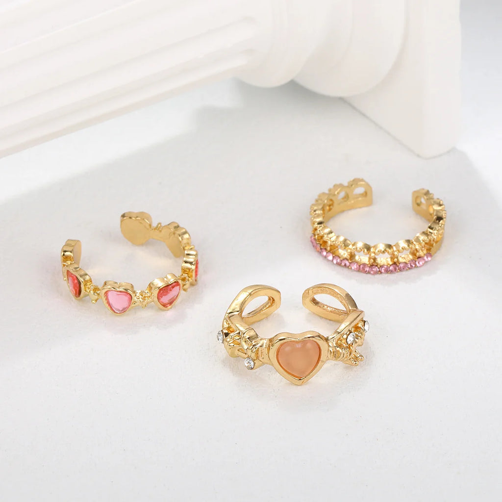 3 Pcs Set Love Heart Rings For Women Girls Light Luxury Sweet Rhinestone Opening Finger Ring Fashion Wedding Party Jewelry Gifts