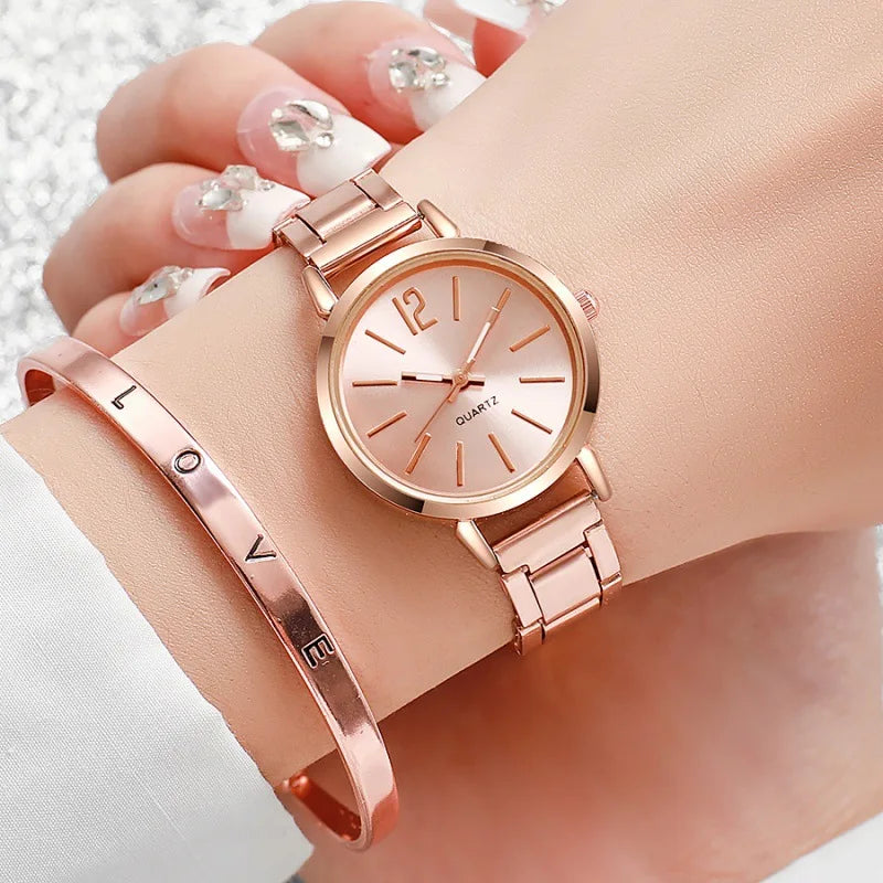 2PCS Set Fashion Luxury Women's Watch Gold Fine Strap Ladies Watch For Bracelet Montre Femme Female Wrist Watch Women Clock