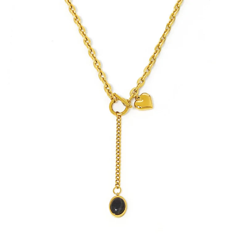 ZAKOL 316L Stainless Steel Heart Black Stone Pendant Necklace For Women Girls OT-Buckle Chain Versatile Jewelry Gifts