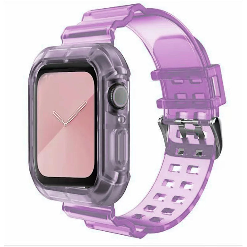 Clear Band + Case for Apple Watch Series 9 8 7 49mm 45mm 44mm 42mm 41mm Transparent Plastic Strap for iwatch 6 SE 5 4 38mm 40mm
