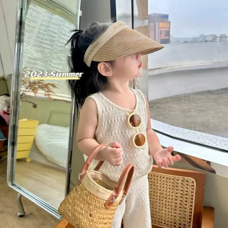 Girls Summer Clothing Set New Kids Knitted Hollow Lace Suit Girl Fashion Breathable Vest + Wide Leg Pants Outfits Children Sets