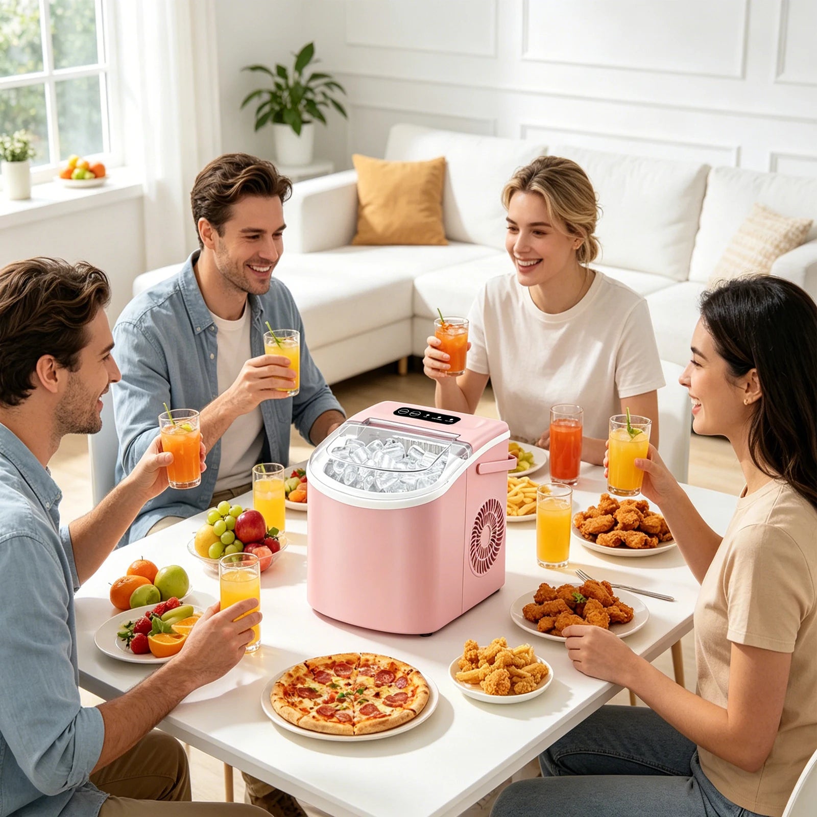 Portable countertop ice maker with a handle, produces 29 pounds of ice in 24 hours and 9 ice cubes in 6 minutes; comes with a ba