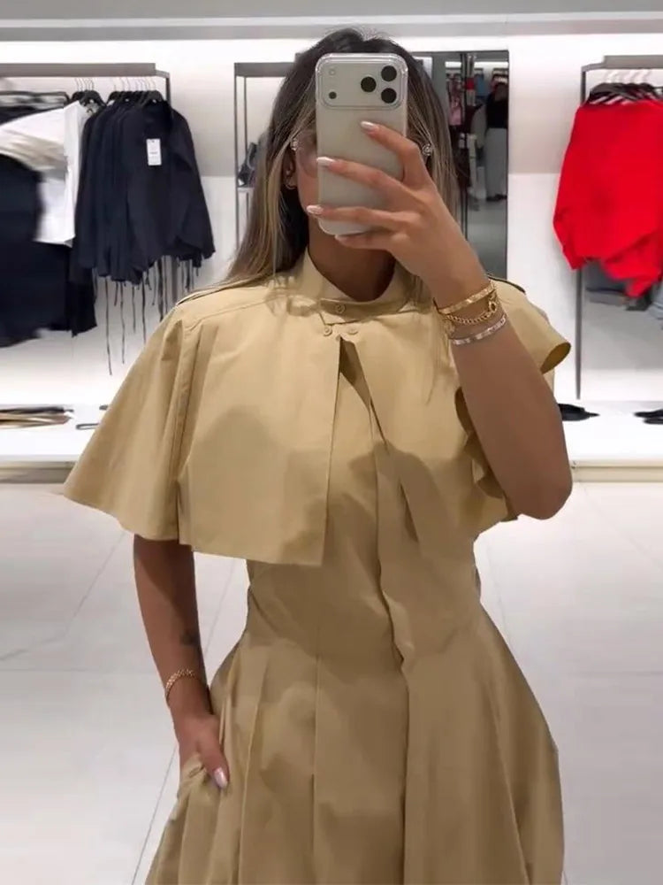 Women's Trench Style Midi Dress Stand Collar Cape Overlay Short Sleeve Belted Waist A‑Line Dresses Autumn Elegant Office Outfits