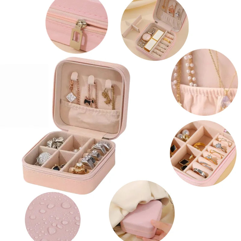 Solid Color PU Leather Material Jewelry Storage Box Travel Earrings Necklace Ring Organizer Case For Travel
