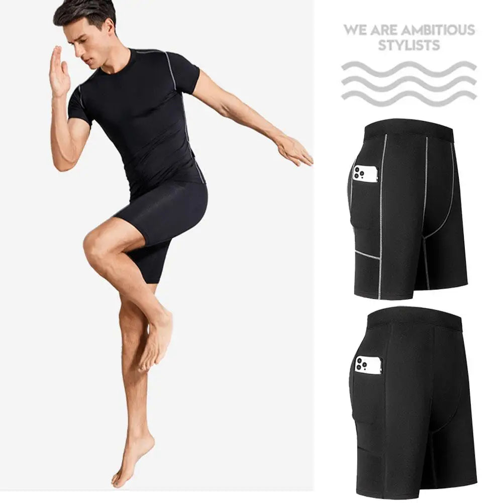 New Men‘s Compression Short Pants Elastic Quick Dry Running Fitness Shorts With Pocket Big Size Black Tight Gym Training Pants