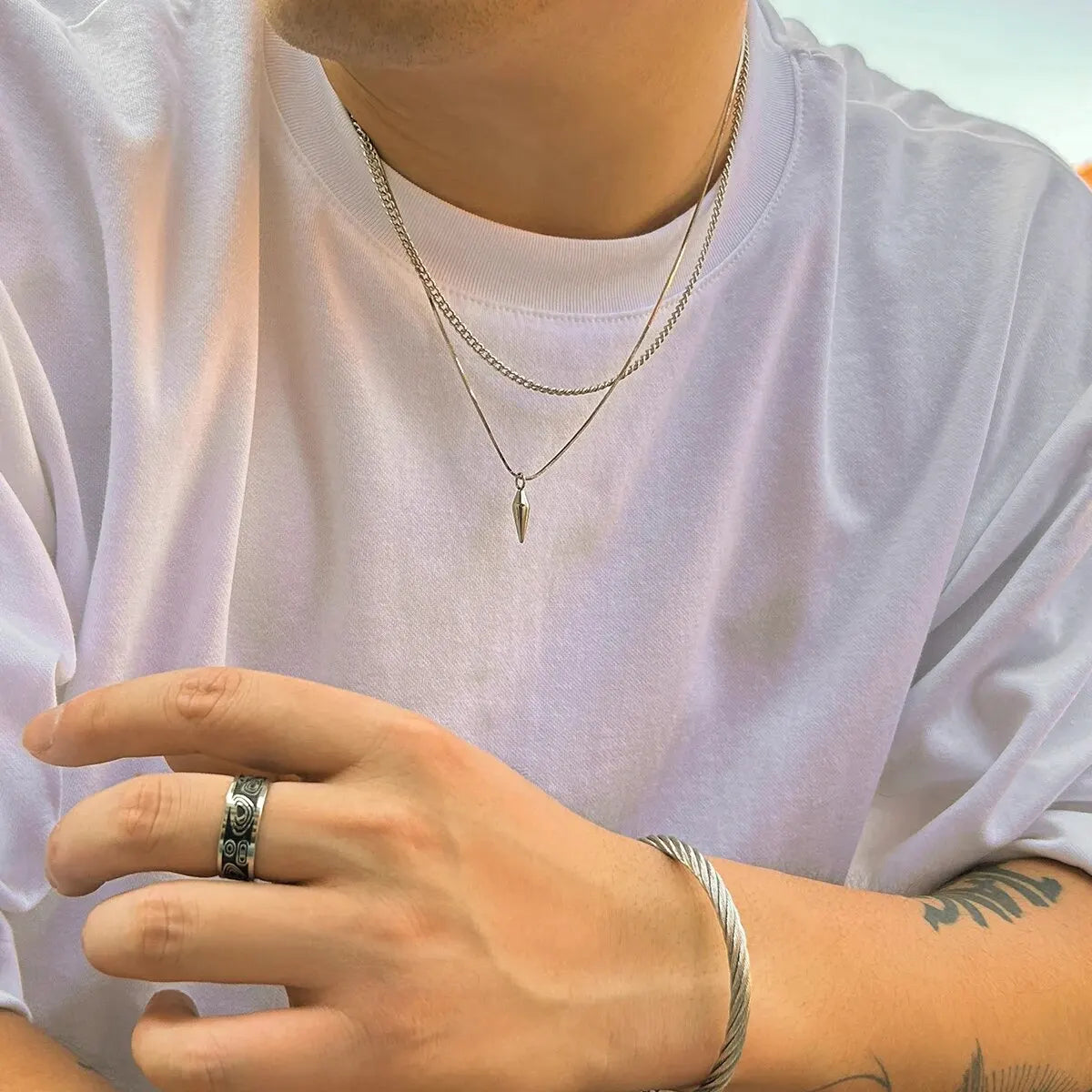 2Pcs/Set Trend Rivet Pendant Necklace for Men Hip Hop Layered Silver Color Link Chain Chokers Street Versatile Male Jewelry Gift