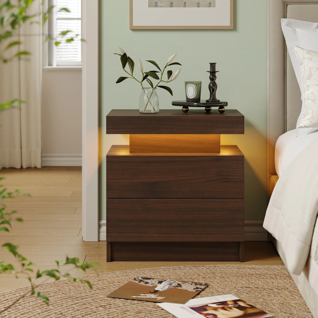 Cubehom LED Nightstands with 2 Drawers, End Table with RGB LED Lights for Bedroom Living Room, White Bedside Table