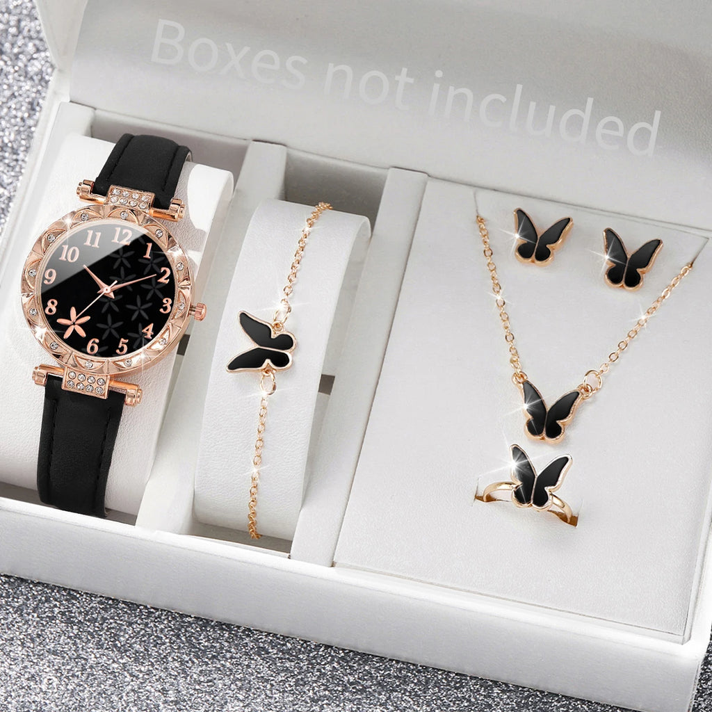 5/6PCS Fashion Rhinestone Women Watches Casual Leather Band Quartz Watch for Women Clock Jewelry Set Reloj Mujer（Without Box）