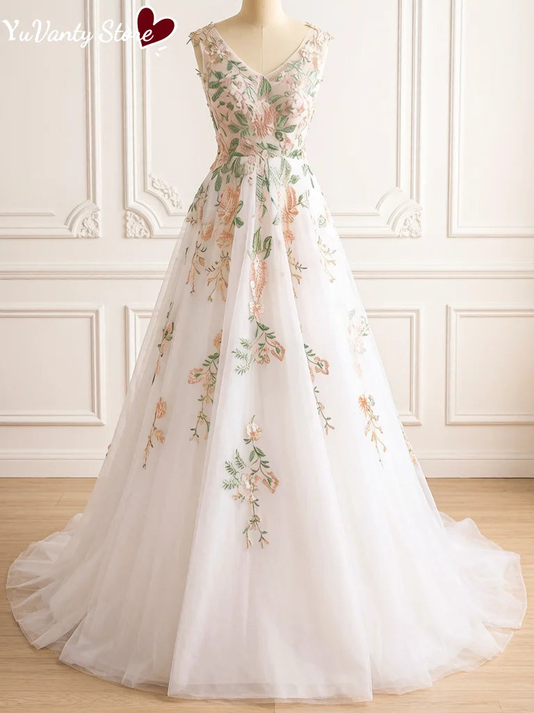 Customized A Line Tulle Wedding Dress Sleeveless V Neck V Back Colorful Floral Embroidery Bridal Gown Beach Wedding Dress