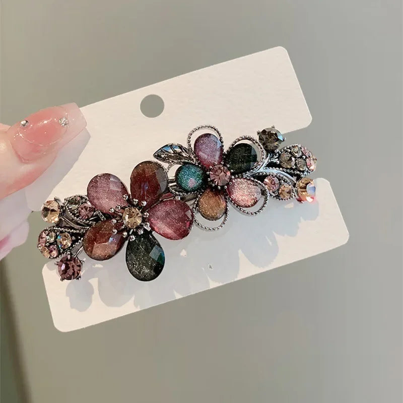 Elegant Colorful Rhinestone Flower Spring Hair Clip One Word Clip Women's Back of Head Half-tied Barrettes Hair Accessories