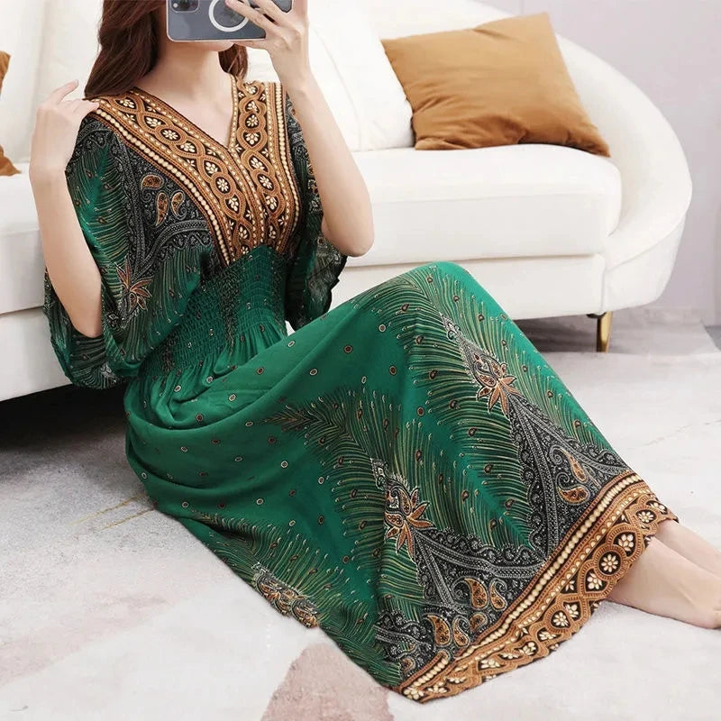 2025 Summer New Casual Elegant Retro Bohemian Style V-neck Elastic Waist Large Swing Printed Long Skirt Autumn Summer Dress