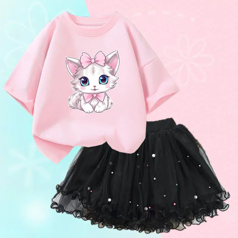 Summer Little Girls Clothing Cute Cat T Shirt& mesh Tutu Skirt Two Piece Set Fashion Korean Children Clothes Outfits 3-14years