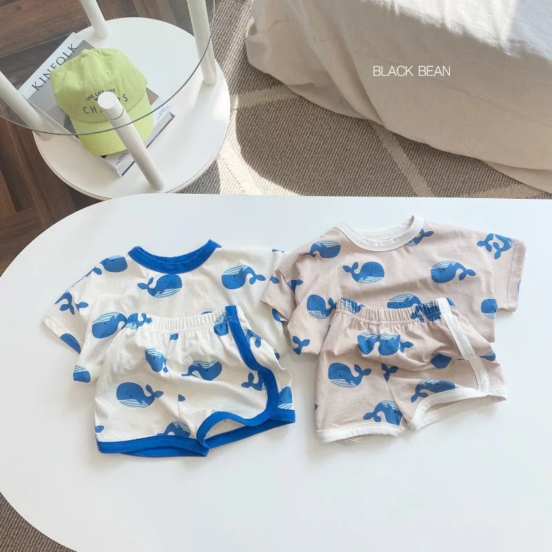 Summer Baby Boy 2PCS Clothes Set Cute Cartoon Bear Printed Tees Cotton Shorts Suit Ins Toddler Boys Breathable Outfits