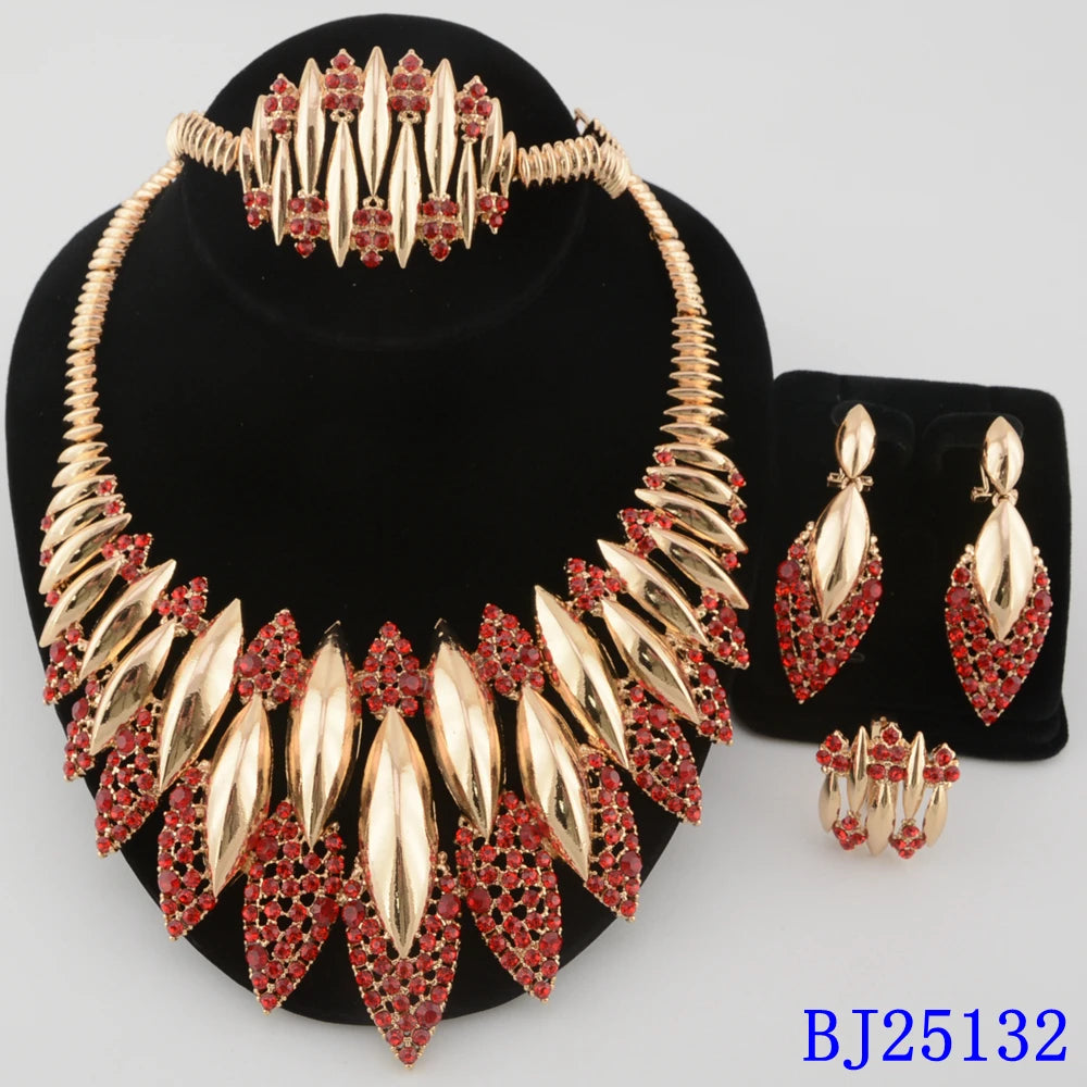 african women fashion coral beads jewlery set Luxury Dubai style Plated 4pcs Necklace Earrings Ring Bracelet party gift