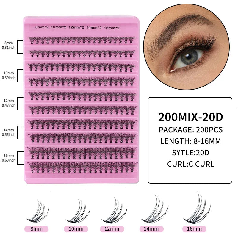 MIAOJIE 200pcs 30D Cluster False Eyelashes Set, DIY Eyelash Extensions, 0.05mm Thickness, D Curl, Mixed Lengths 8-16mm