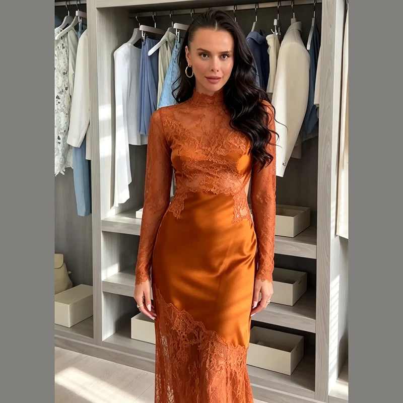 Elegant Women High Neck Lace Satin Patchwork Maxi Dress Long Sleeve Hollow Back Mermaid Hem Female Wedding Guest Party Dress
