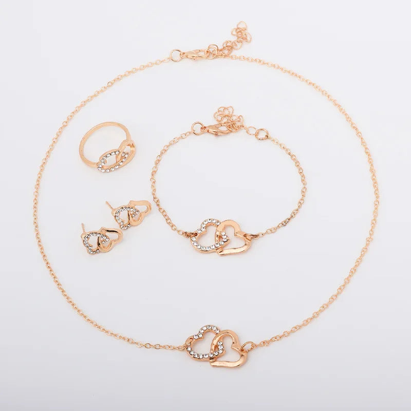 5PCS Set Gold-Color Heart Shaped Jewelry Sets Of Ring Earrings Necklace For Women Elegance Rhinestone