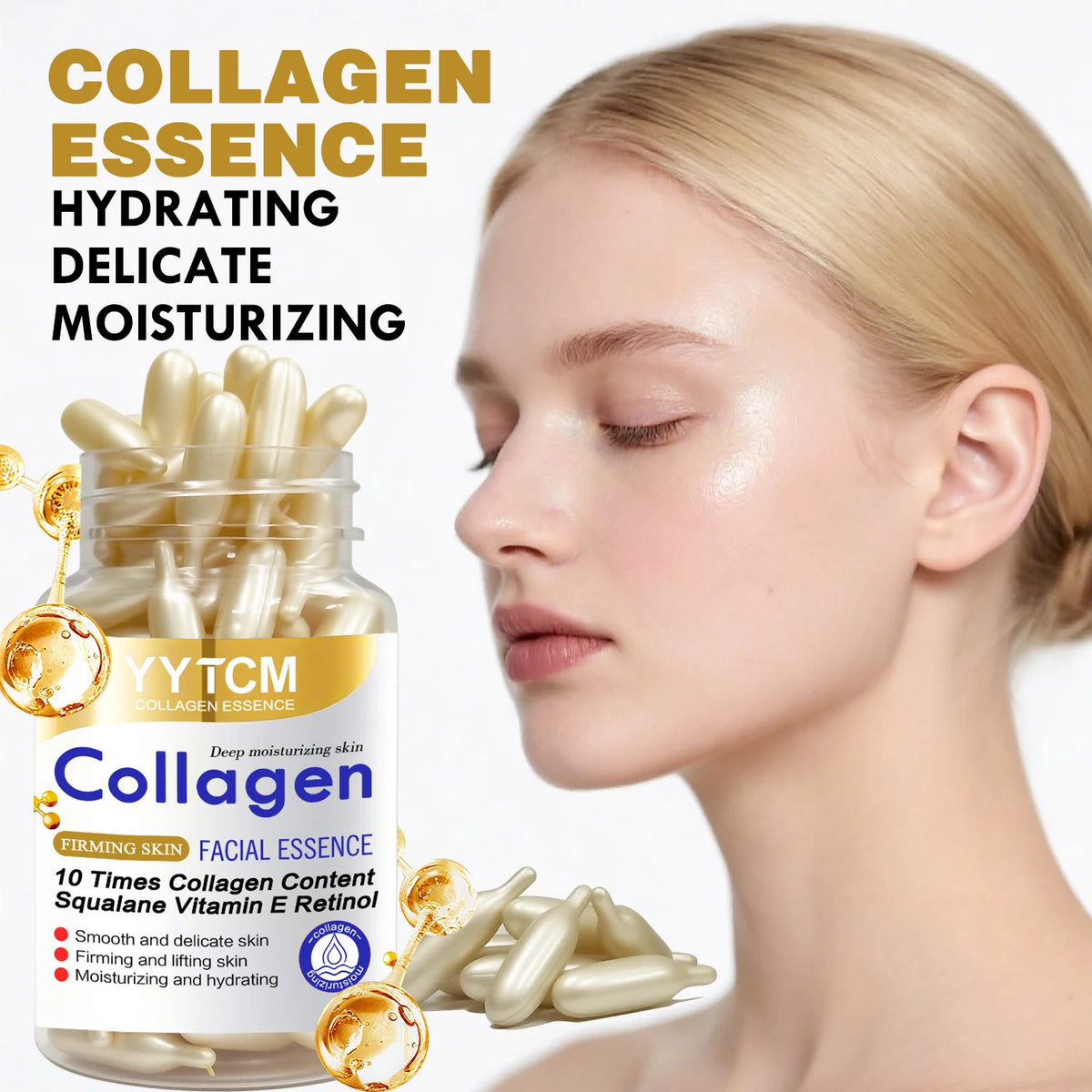 Collagen Firming Capsule Essence, Moisturizing and Smoothing the Skin, Contains Plant-Based Squalane, Retinol, and Vitamin E for Deep Hydration. 18 Capsules/30 Capsules/48 Capsules/60 Capsules/90 Capsules/120 Capsules