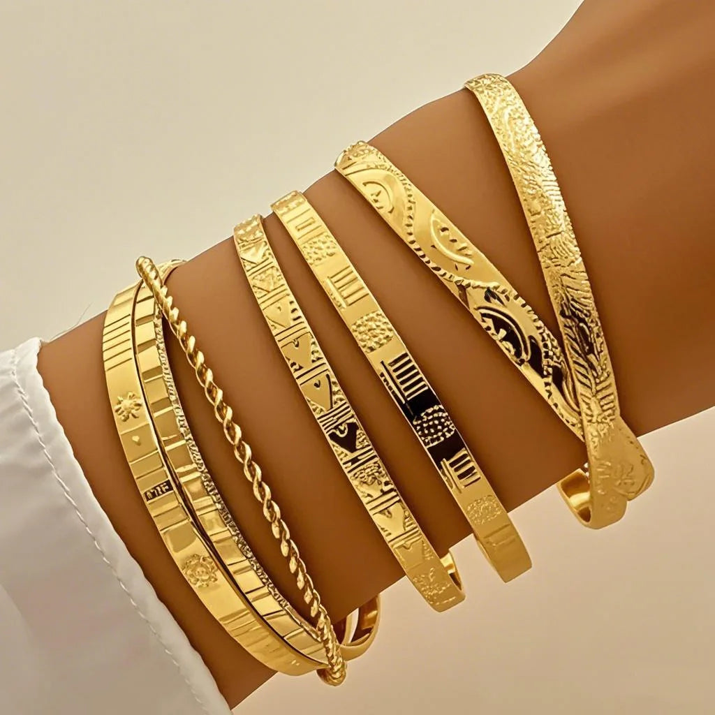 7Pcs Fashion Pattern Metal Cuff Bracelet Set For Women Elegant Gold Silver Color Open Bangle Female Trendy Party Jewelry