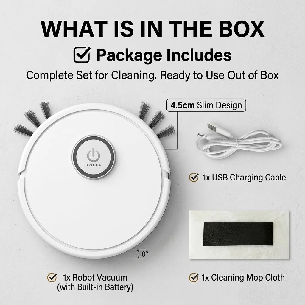 Robot Vacuum Cleaner, 4.5cm Ultra-Slim Robotic Vacuum for Pet Hair & Hard Floor, 45dB Quiet Automatic Floor Sweeper with 50-Min Runtime, Smart Obstacle Avoidance Mini Sweeping Robot for Home & Office