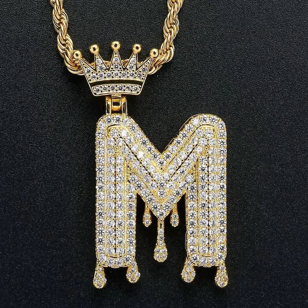 Hip Hop Iced Out Bling Cubic A-Z Drip Crown Zircon Initial Letters Necklaces Pendant Necklace Chain Men Jewelry with Rope Chain