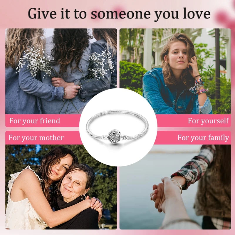 S925 Silver Plated Snake Bone Pattern and Inlaid Heart-Shaped Bracelet For Women Fit DIY Charms Beads Fine DIY Birthday Jewelry