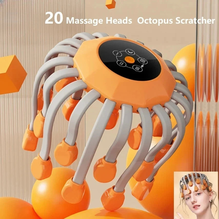 20Massage Heads Orange Scalp Head Massager Red Light Vibrator Octopus Scratcher For Relaxation Stress