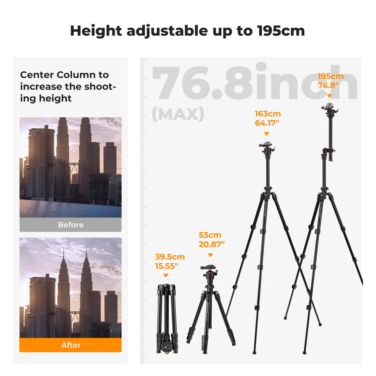 K&F CONCEPT Camera Tripod Rotatable 76.7 inch Multi-Angle Center Column Lightweight Travel DSLR 8kg/17.6lbs Load BallHead Tripod